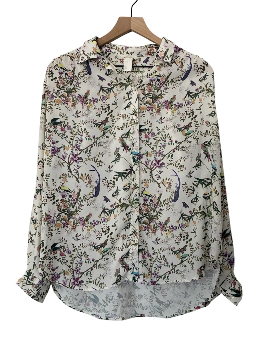 H&M Women's Floral Bird Nature Button Up Long Sleeve Blouse Office Butterfly